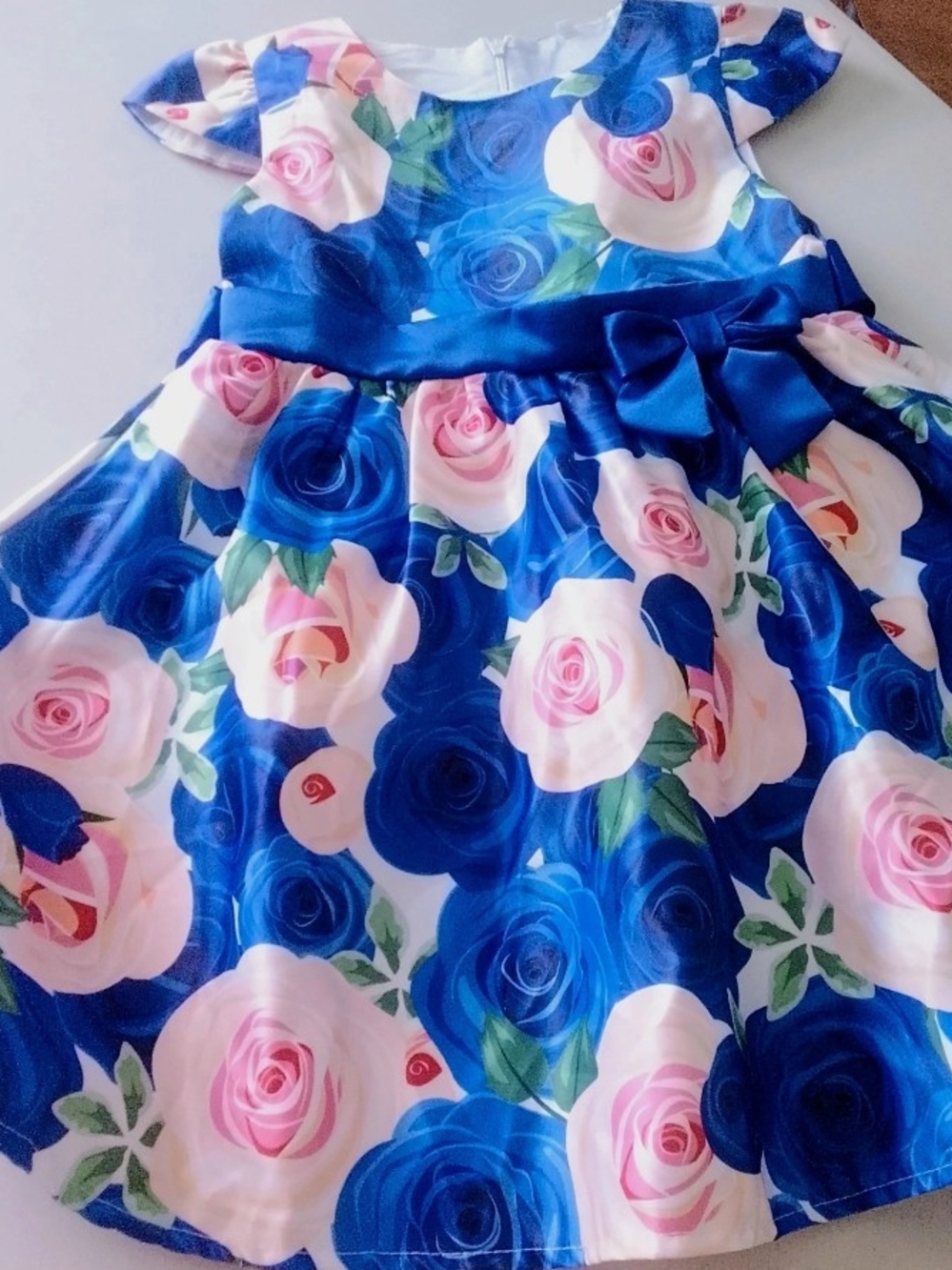 Girls Blue Floral Satin Party Dress with Pink Rose Print